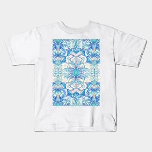 Teal Blue, Pearl & Pink Floral Pattern Kids T-Shirt